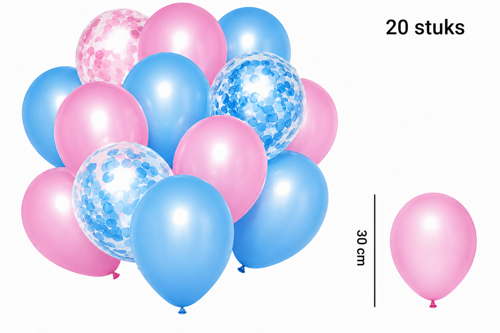Set van 20 roze, blauwe en transparante confettiballonnen met aangegeven ballonmaat van 30 cm.