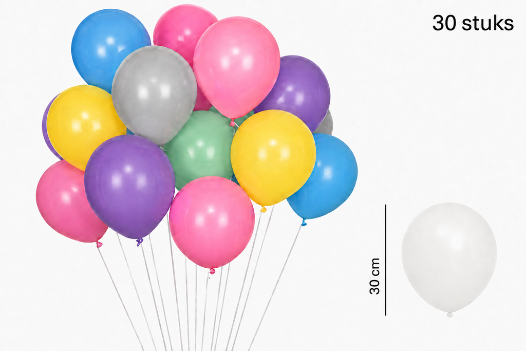 Ballonboeket met roze, blauwe, paarse, groene, gele en zilverkleurige ballonnen