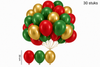 Mix van 30 rode, groene en gouden ballonnen van 30 cm, afgebeeld als een bos en drie losse ballonnen.