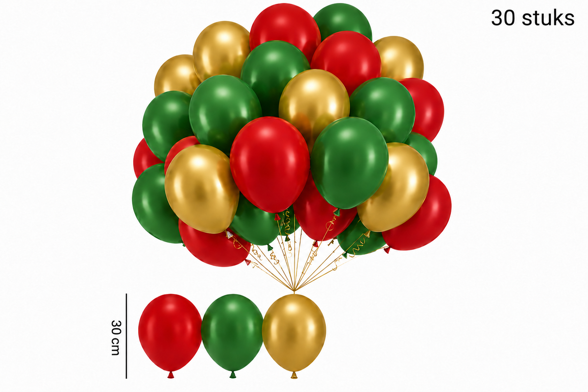 Mix van 30 rode, groene en gouden ballonnen van 30 cm, afgebeeld als een bos en drie losse ballonnen.