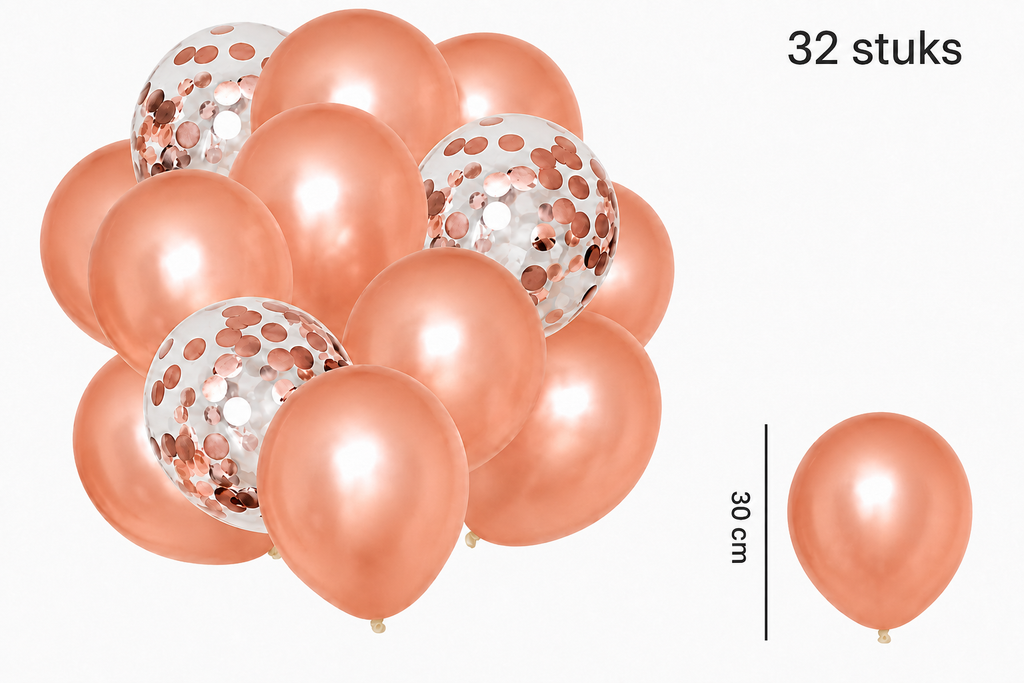 Roségouden ballonnen en transparante ballonnen met roségouden confetti, met vermelding van 32 stuks en 30 cm.