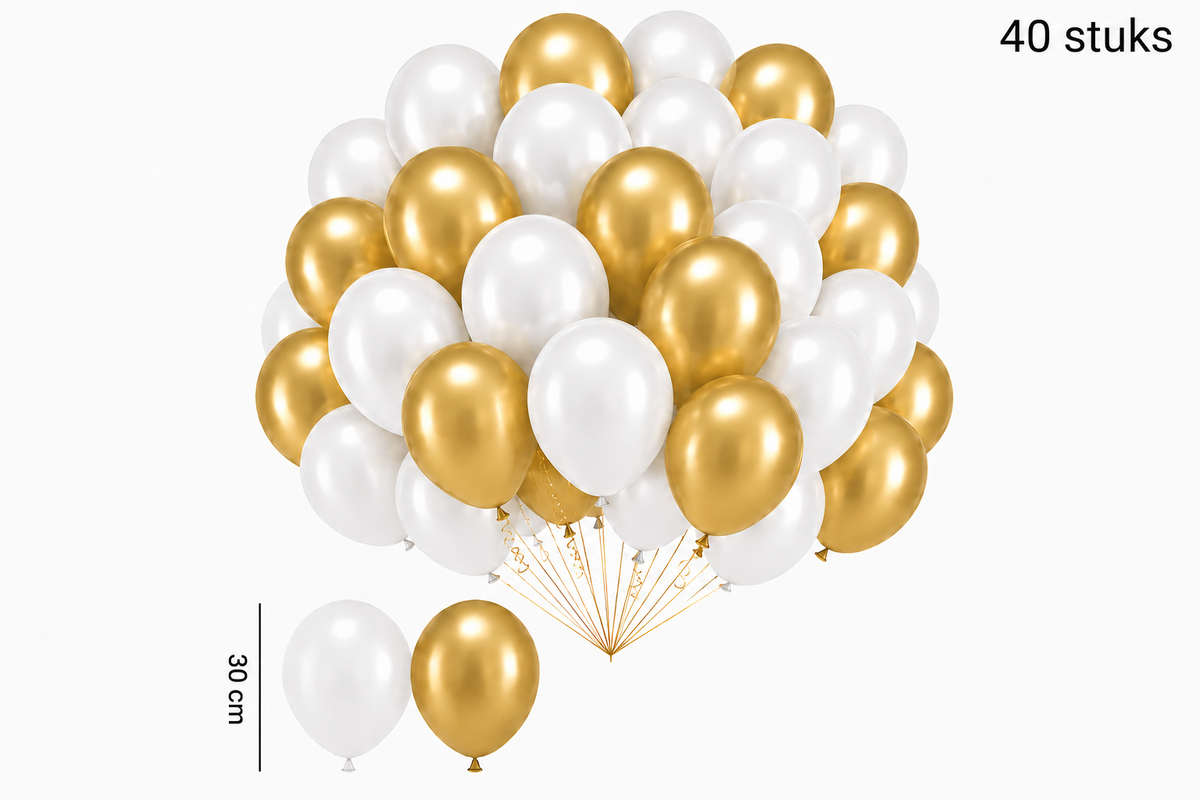 Mix van 40 witte en gouden ballonnen van 30 cm, afgebeeld als een bos en twee losse ballonnen.