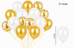 Mix van 21 witte en gouden ballonnen van 30 cm, met transparante ballonnen met gouden confetti.
