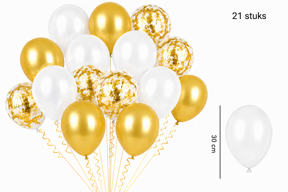 Mix van 21 witte en gouden ballonnen van 30 cm, met transparante ballonnen met gouden confetti.