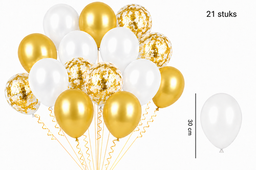 Mix van 21 witte en gouden ballonnen van 30 cm, met transparante ballonnen met gouden confetti.