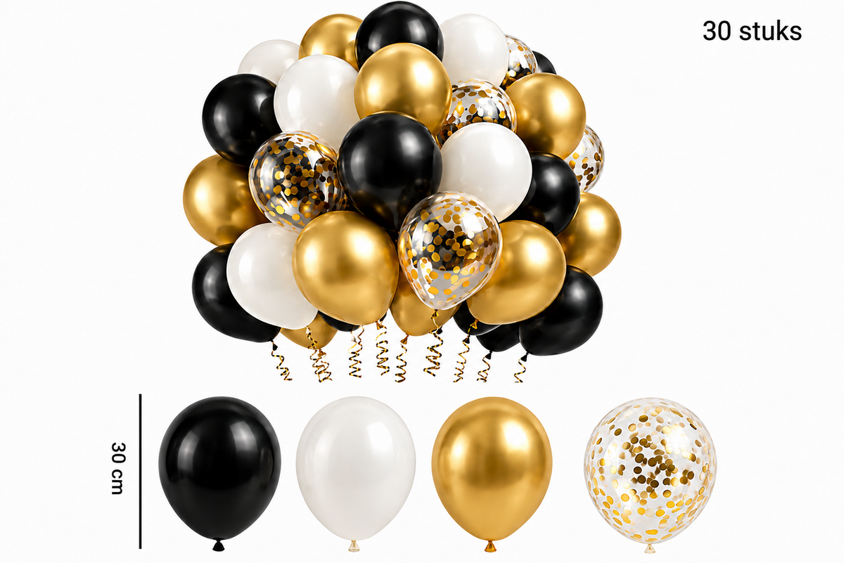 Mix van 30 ballonnen van 30 cm in zwart, wit en goud, met transparante ballonnen met gouden confetti.