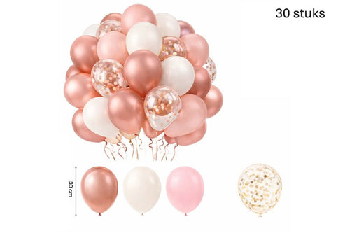 Set van 30 roségouden, roze, witte en transparante confettiballonnen, met aangegeven ballonmaat van 30 cm.