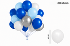 Blauwe, lichtblauwe, witte en zilverkleurige ballonnen in een ballonboeket