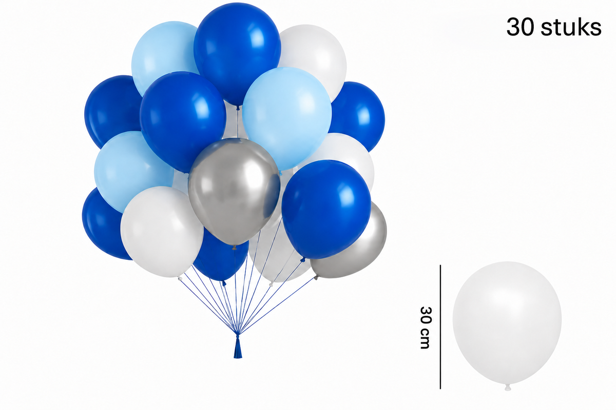 Blauwe, lichtblauwe, witte en zilverkleurige ballonnen in een ballonboeket