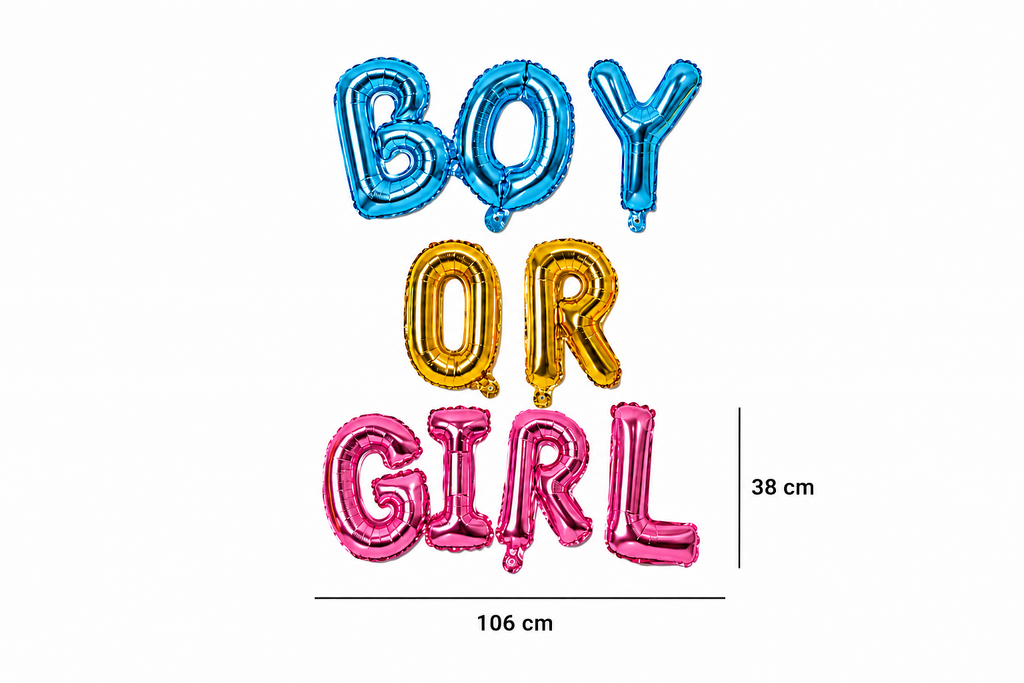 folieletterballonnen met ‘BOY’ in blauw, ‘OR’ in goud en ‘GIRL’ in roze.