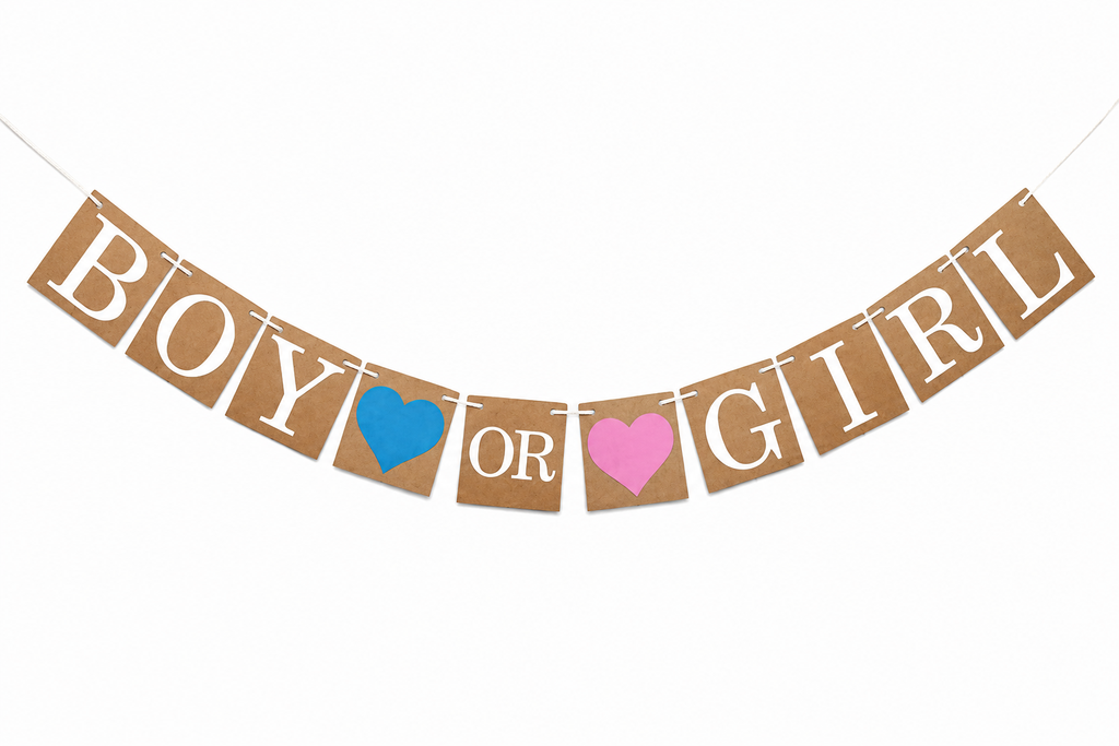 Bruine ‘Boy or Girl’ slinger met witte letters en een blauw en roze hartje.