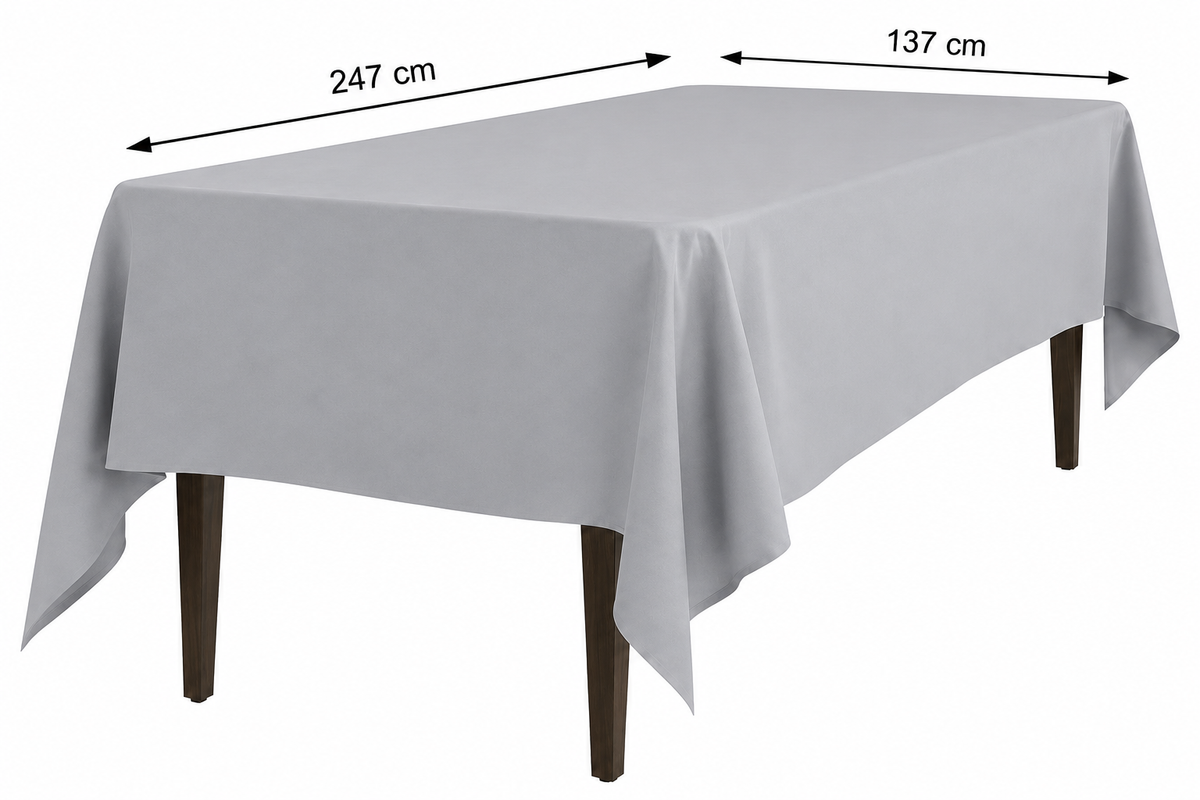 Grijs tafelkleed over een rechthoekige tafel, met aangegeven afmetingen van 247 × 137 cm.