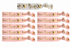 Eén wit Bride armbandje en tien roze Team Bride armbandjes met gouden tekst, hartjes en sterren.