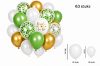 Set van 63 groene, witte, gouden en transparante confettiballonnen met ‘Bride To Be’ opdruk en maten van 30 en 12 cm.