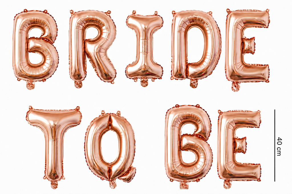 Roségouden folieballonnen die Bride To Be spellen, met een aangegeven hoogte van 40 cm.