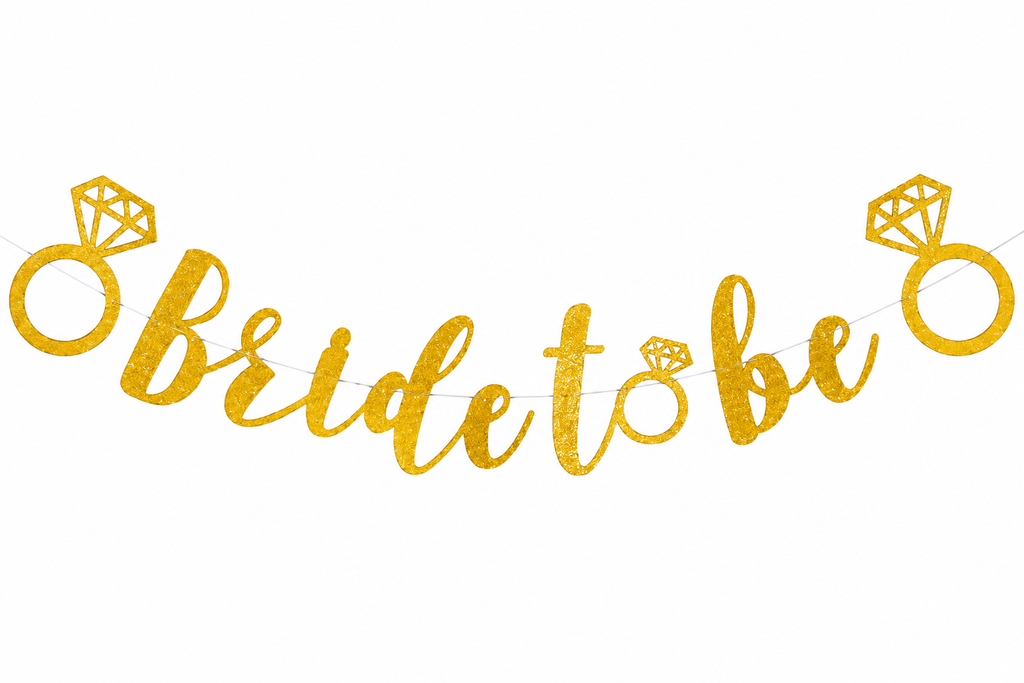 Gouden glitterslinger met ‘Bride to be’ en decoraties in de vorm van verlovingsringen.