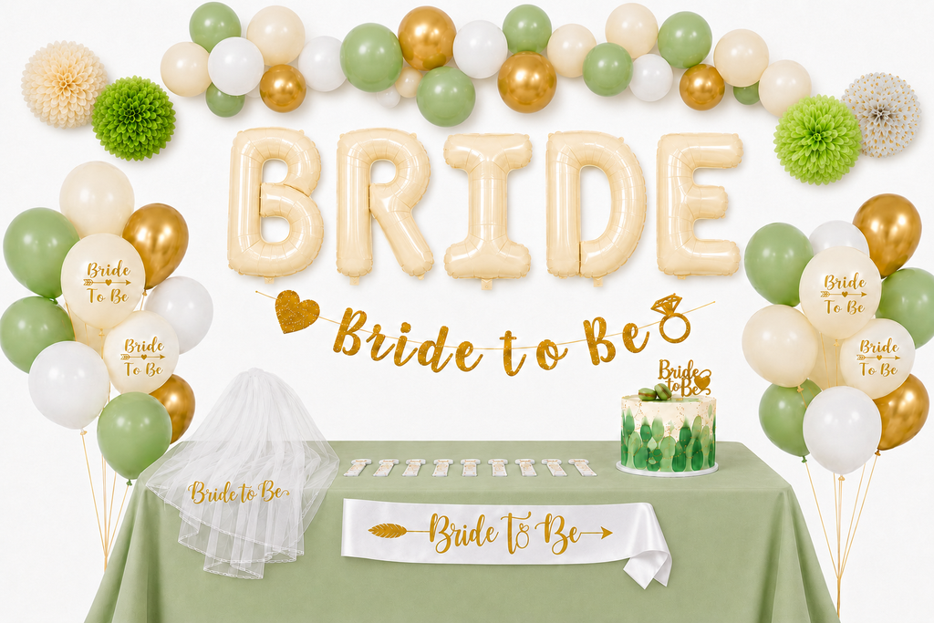 Feesttafel met groene, crèmekleurige en gouden ballonnen, BRIDE-letterballonnen, pompoms, sluier en ‘Bride to Be’ slinger.