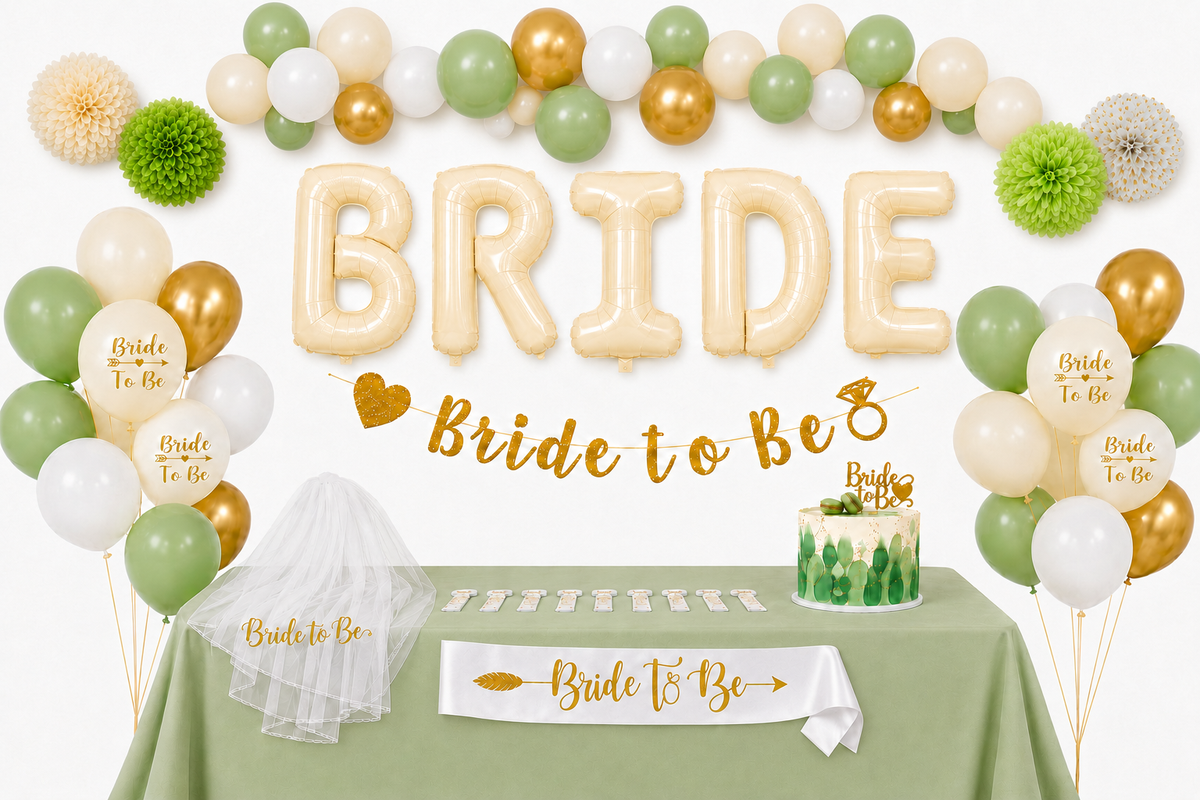 Feesttafel met groene, crèmekleurige en gouden ballonnen, BRIDE-letterballonnen, pompoms, sluier en ‘Bride to Be’ slinger.