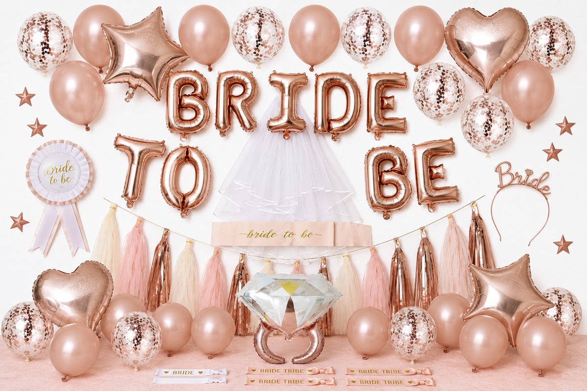 Vrijgezellenfeestversiering in roségoud en roze met Bride To Be letterballonnen, ballonnen, tasselslinger, sluier en bruidsaccessoires.