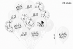 Witte ballonnen met Mr, Mrs en Just Married opdruk en transparante ballonnen met zilveren confetti, set van 24 stuks van 30 cm.