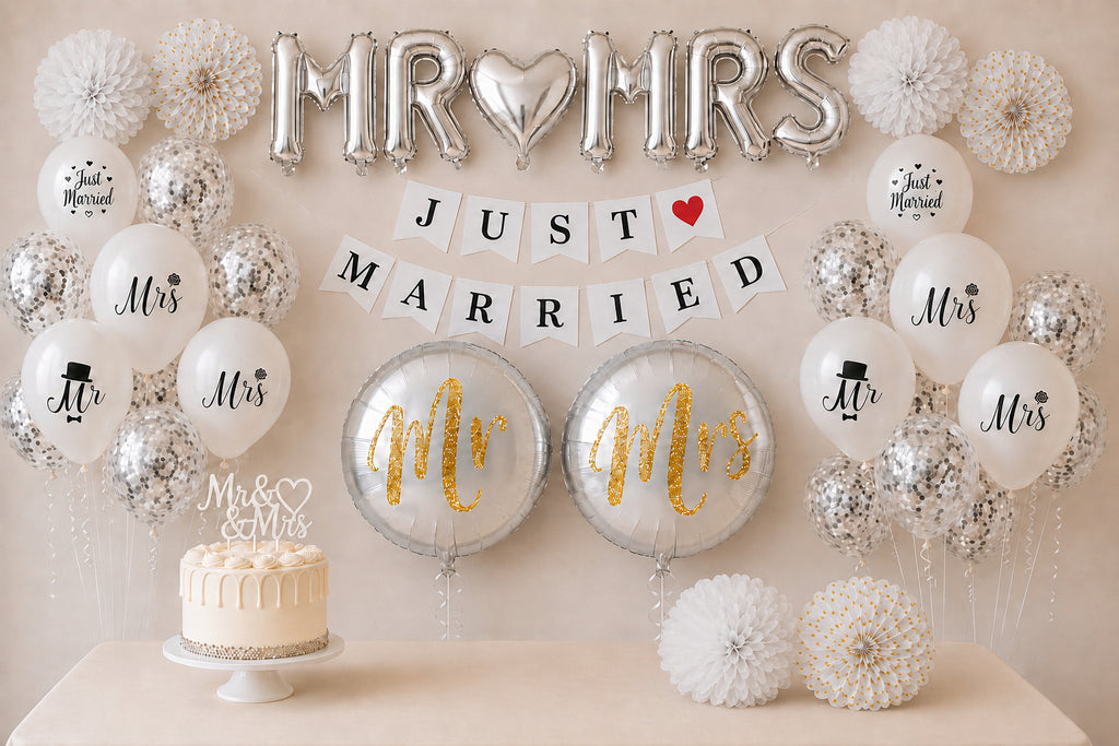 Bruiloftversiering met zilveren MR en MRS letterballonnen, een Just Married slinger, witte ballonnen, pompoms en een bruidstaart.