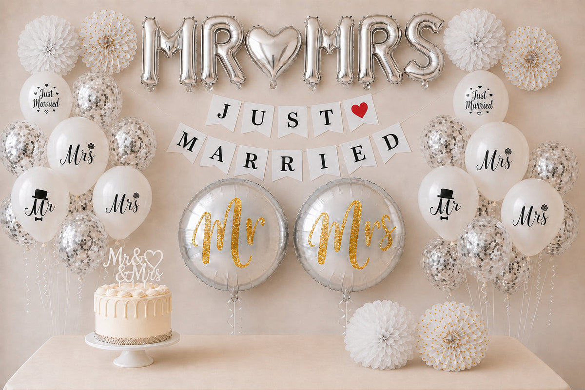 Bruiloftversiering met zilveren MR en MRS letterballonnen, een Just Married slinger, witte ballonnen, pompoms en een bruidstaart.