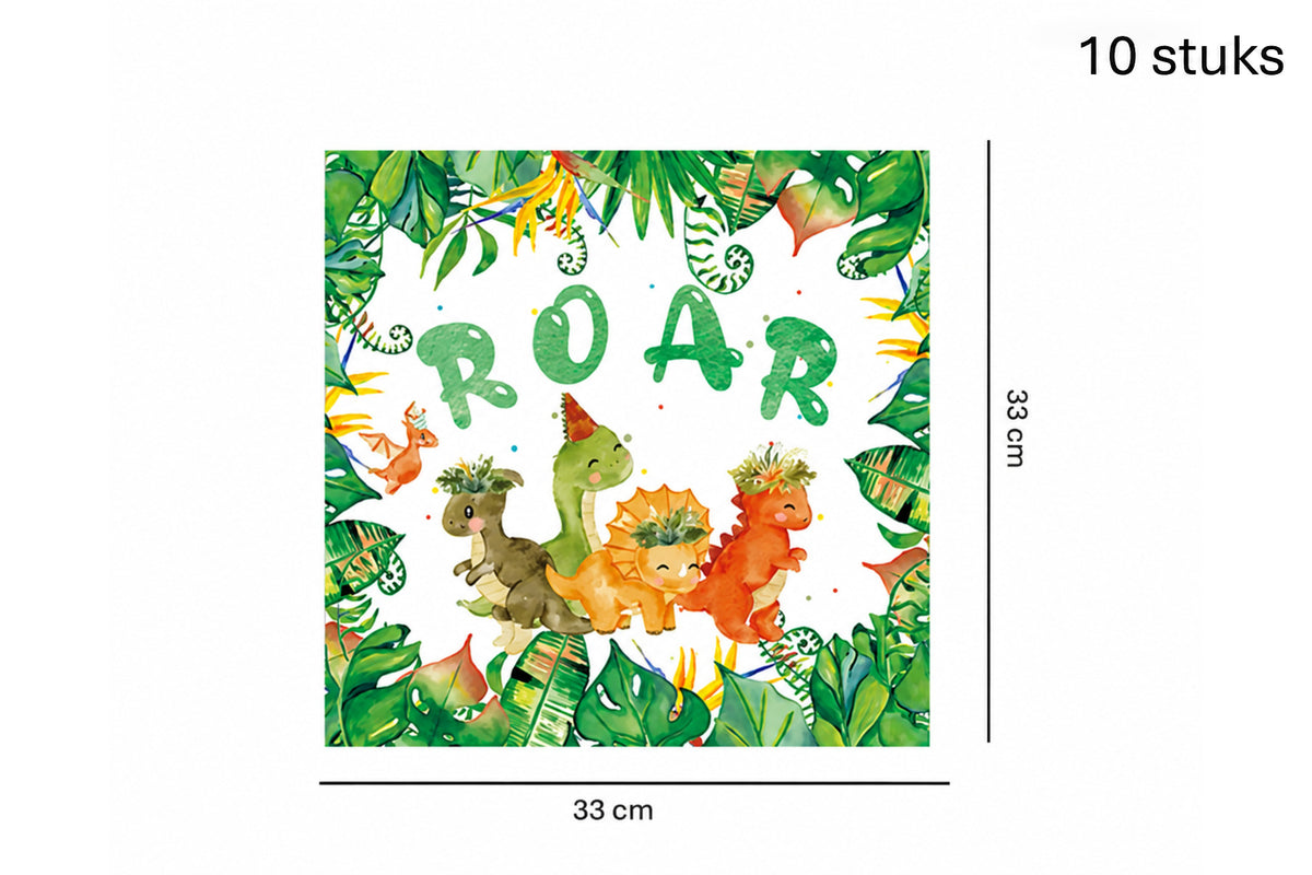 Dinosaurusservetten met Roar tekst en groene bladeren