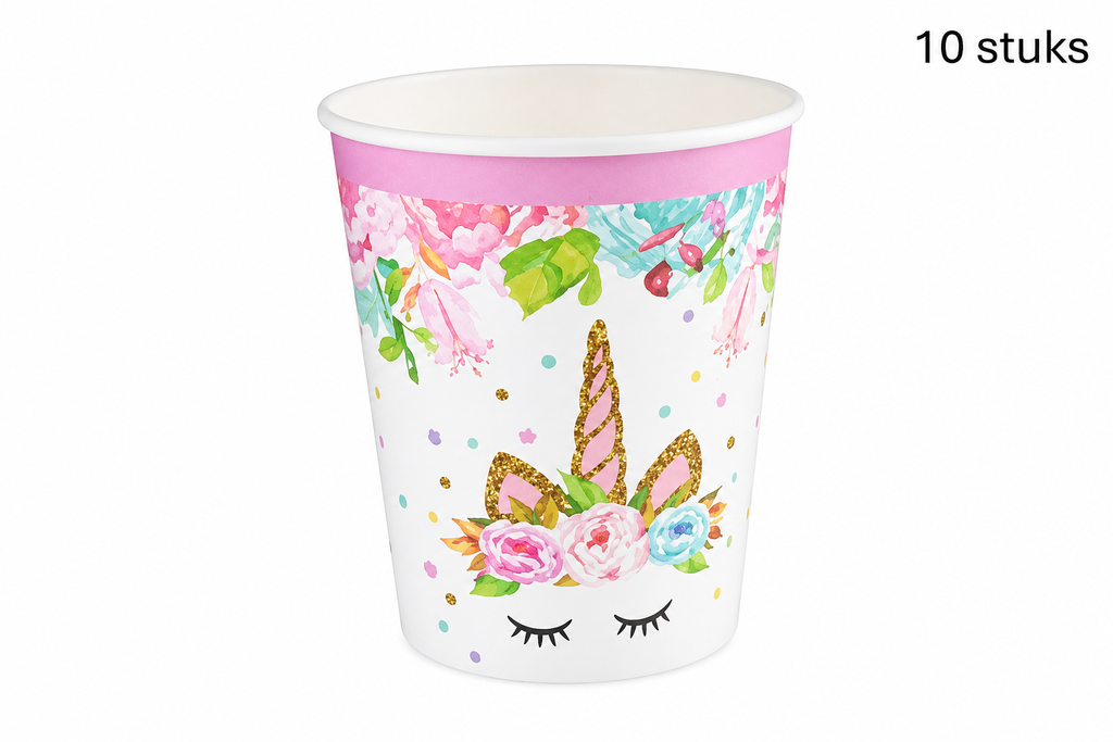 Eenhoornbeker met bloemen en roze rand unicorn 