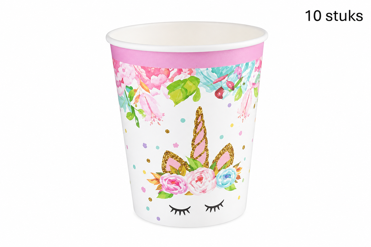 Eenhoornbeker met bloemen en roze rand unicorn 