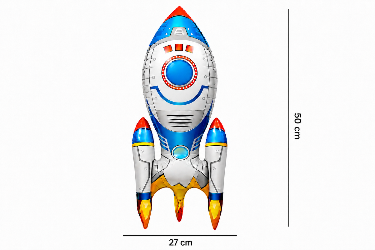 Folieballon in de vorm van een witte raket met blauwe en rode details space
