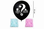 Zwarte ‘Girl or Boy’ ballon van 91 cm met wit vraagteken en zakjes blauwe en roze confetti.