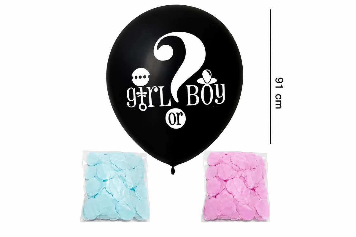 Zwarte ‘Girl or Boy’ ballon van 91 cm met wit vraagteken en zakjes blauwe en roze confetti.