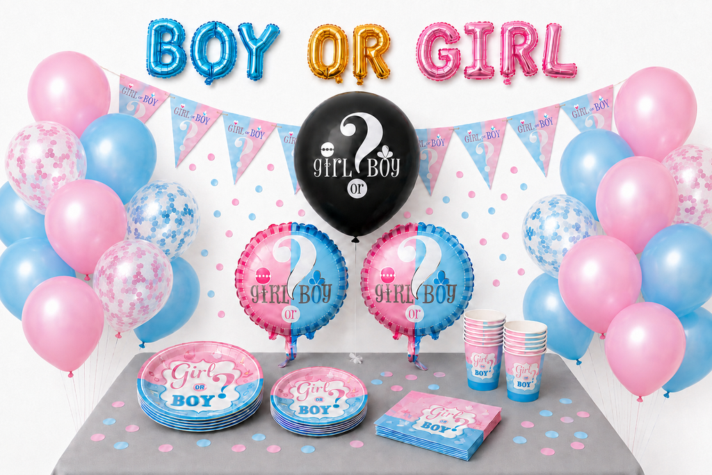 Gender reveal feesttafel met roze en blauwe ballonnen, ‘Boy or Girl’ letterballonnen, vlaggetjes, bordjes, bekers en servetten.