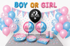 Gender reveal feesttafel met roze en blauwe ballonnen, ‘Boy or Girl’ letterballonnen, vlaggetjes, bordjes, bekers en servetten.