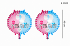 Twee ronde roze en blauwe folieballonnen met ‘Girl or Boy’ en een groot vraagteken, 45 cm.