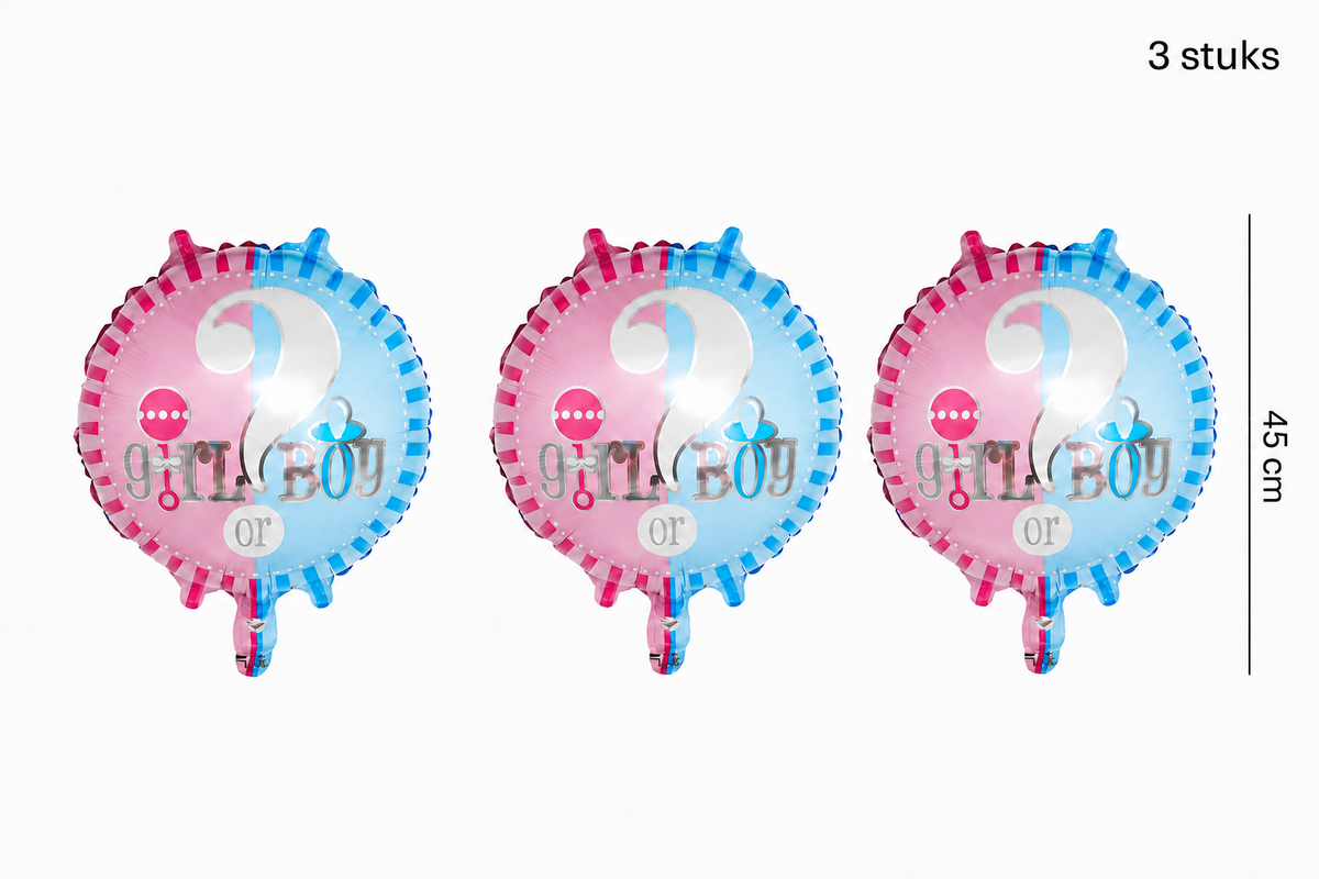 Drie ronde roze en blauwe folieballonnen met vraagteken en ‘Girl or Boy’, 45 cm.