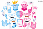 Set van 30 roze en blauwe photobooth props met onder andere brillen, speentjes en ‘Team Blue’ en ‘Team Pink’ bordjes.