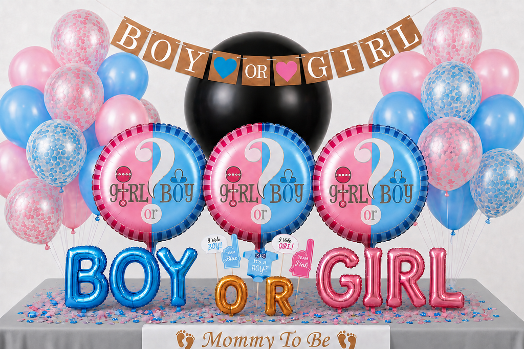 Gender reveal feesttafel met roze en blauwe ballonnen, ‘Boy or Girl’ slinger, letterballonnen en confetti.