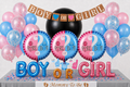 Gender reveal feesttafel met roze en blauwe ballonnen, ‘Boy or Girl’ slinger, letterballonnen en confetti.