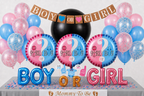 Gender reveal feesttafel met roze en blauwe ballonnen, ‘Boy or Girl’ slinger, letterballonnen en confetti.