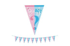 Roze en blauwe vlaggetjesslinger met ‘Girl Boy’, vraagtekens en babyflesjes, inclusief detail van één vlaggetje.
