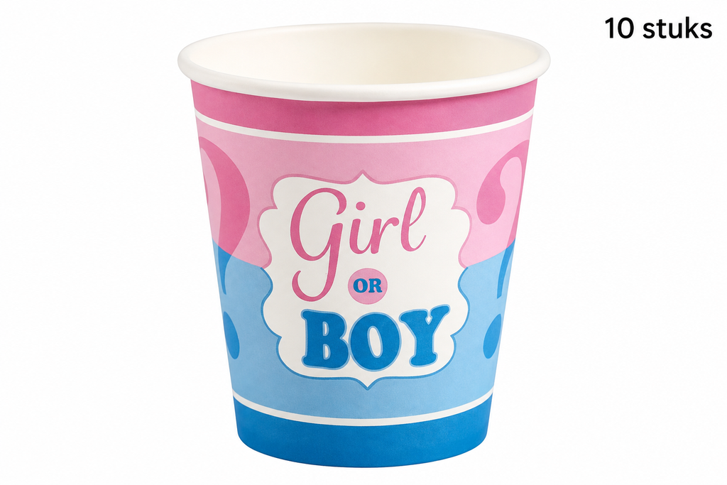 Roze en blauwe feestbeker met ‘Girl or Boy’ en vraagtekens, met vermelding van 10 stuks.
