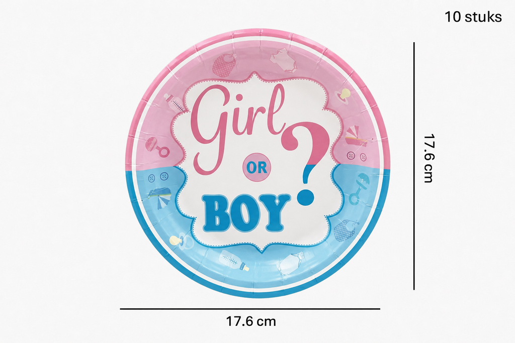 Roze en blauwe ‘Girl or Boy’ bordjes met vraagteken en babyillustraties, 17,6 cm, 10 stuks.