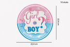 Roze en blauwe ‘Girl or Boy’ bordjes met vraagteken en babyillustraties, 22,6 cm, 10 stuks.