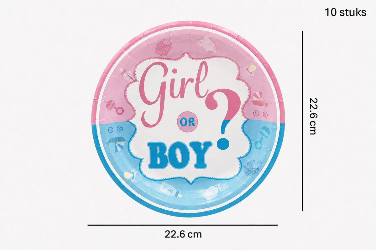 Roze en blauwe ‘Girl or Boy’ bordjes met vraagteken en babyillustraties, 22,6 cm, 10 stuks.