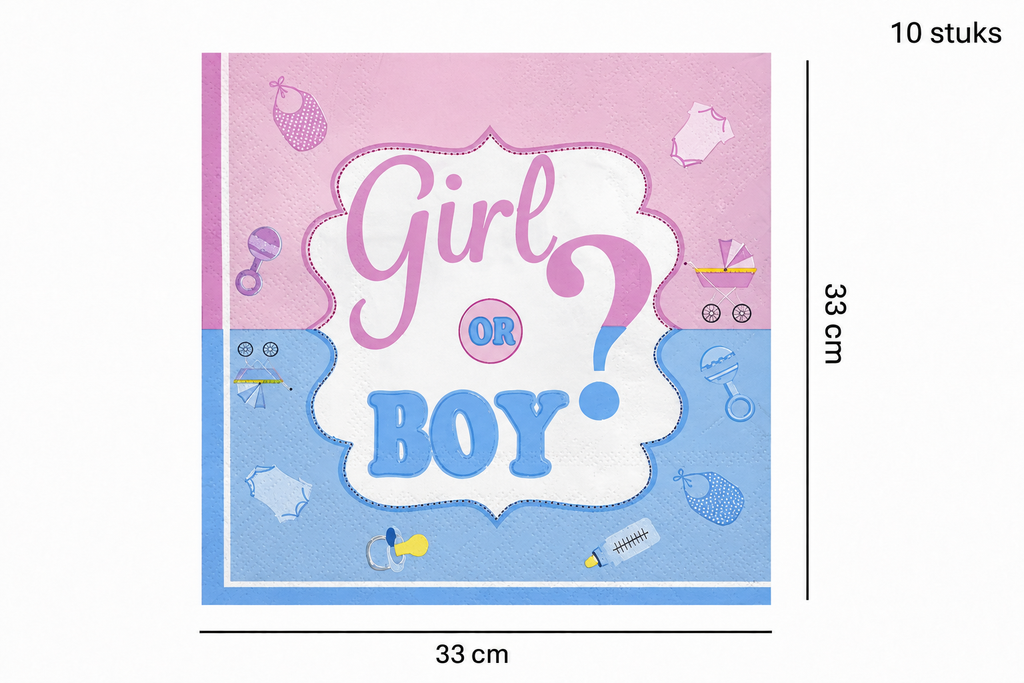 oze en blauwe servetten met ‘Girl or Boy’, een vraagteken en babyillustraties, 33 × 33 cm, 10 stuks.