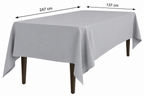 Grijs tafelkleed over een rechthoekige tafel, met afmetingen 247 × 137 cm.