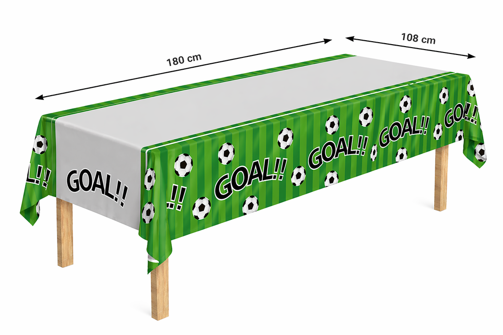 Groen voetbaltafelkleed met Goal tekst en voetballen op een tafel