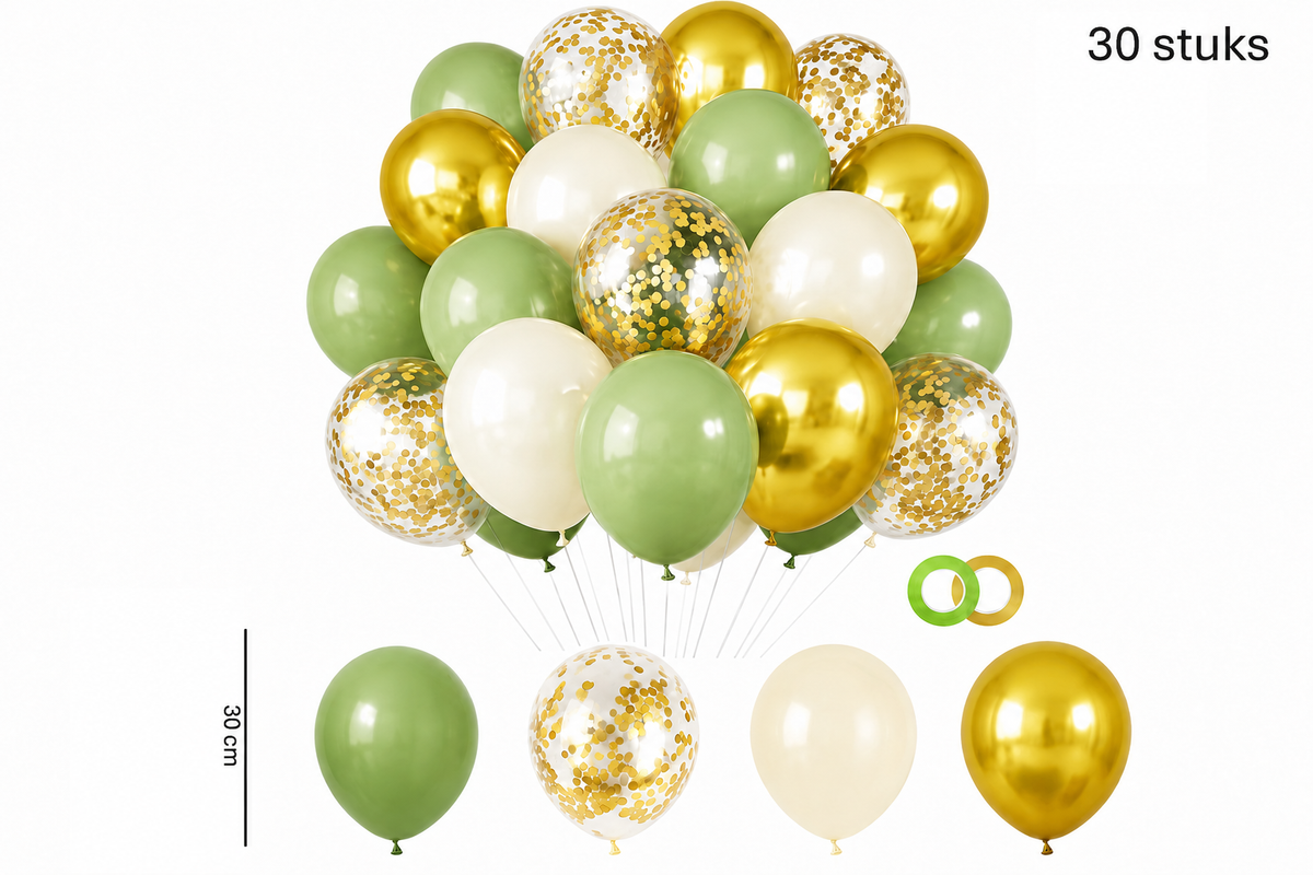 Groene, crèmekleurige en gouden ballonnen met gouden confettiballonnen