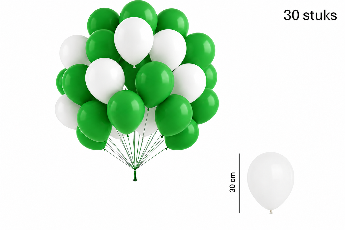 Groene en witte ballonnen in een ballonboeket